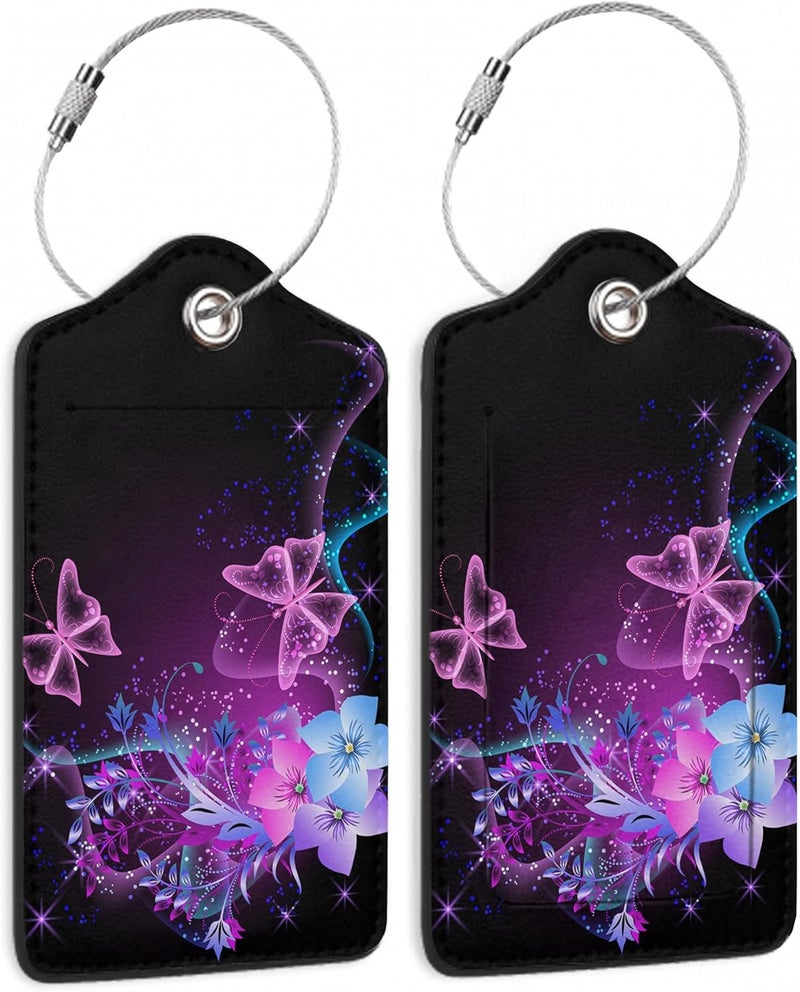 SKYDAWNY Luggage Tags for Suitcase,2 Pack Butterfly Luggage Tag Flowers Glowing Leather Privacy Cover ID Label with Stainless Steel Loop for Women Men Kids Girls Travel - Image 1